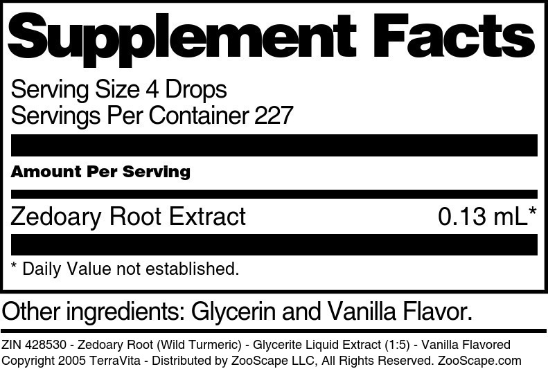 Zedoary Root (Wild Turmeric) - Glycerite Liquid Extract (1:5) - Supplement / Nutrition Facts