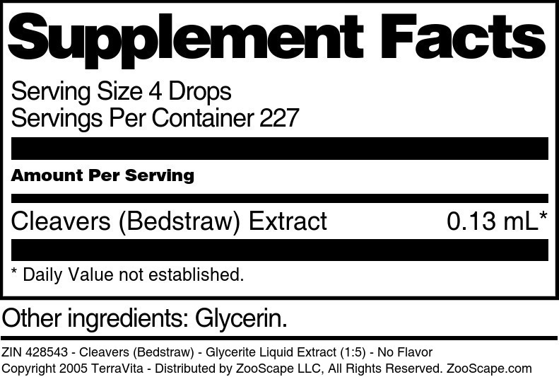 Cleavers (Bedstraw) - Glycerite Liquid Extract (1:5) - Supplement / Nutrition Facts