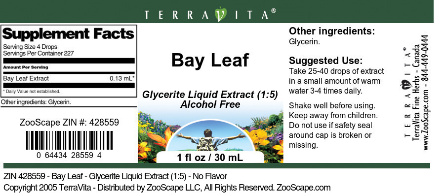 Bay Leaf - Glycerite Liquid Extract (1:5) - Label