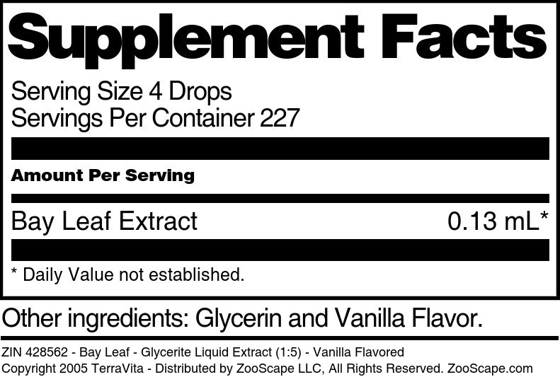 Bay Leaf - Glycerite Liquid Extract (1:5) - Supplement / Nutrition Facts