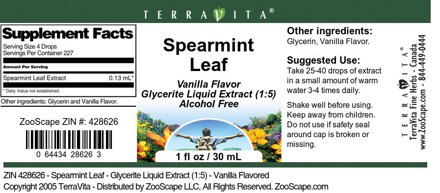 Spearmint Leaf - Glycerite Liquid Extract (1:5) - Label