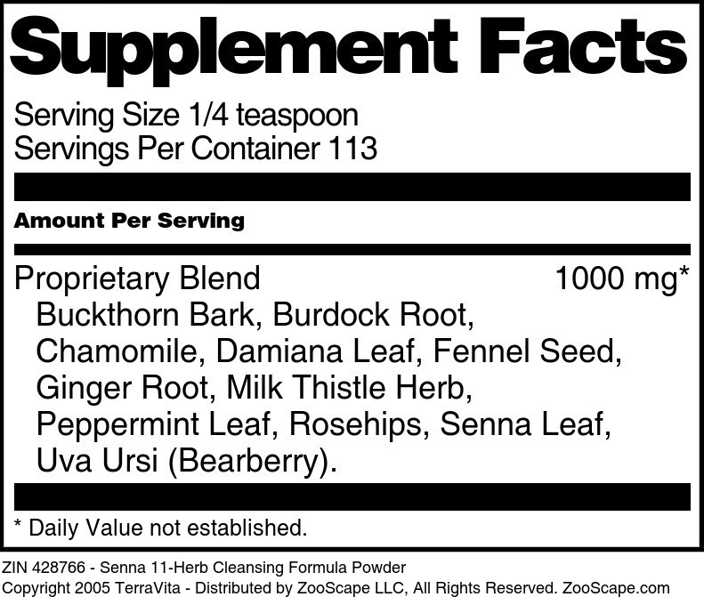 Senna 11-Herb Cleansing Formula Powder - Supplement / Nutrition Facts