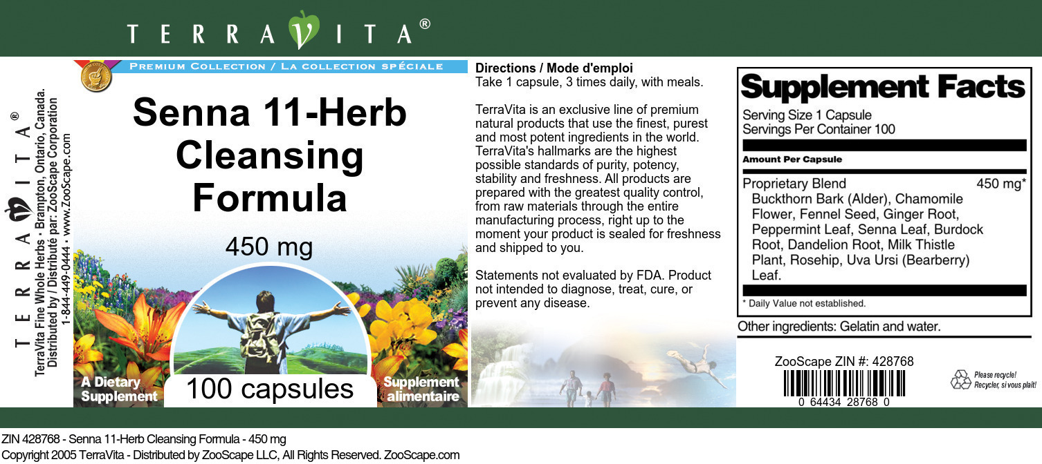 Senna 11-Herb Cleansing Formula - 450 mg - Label