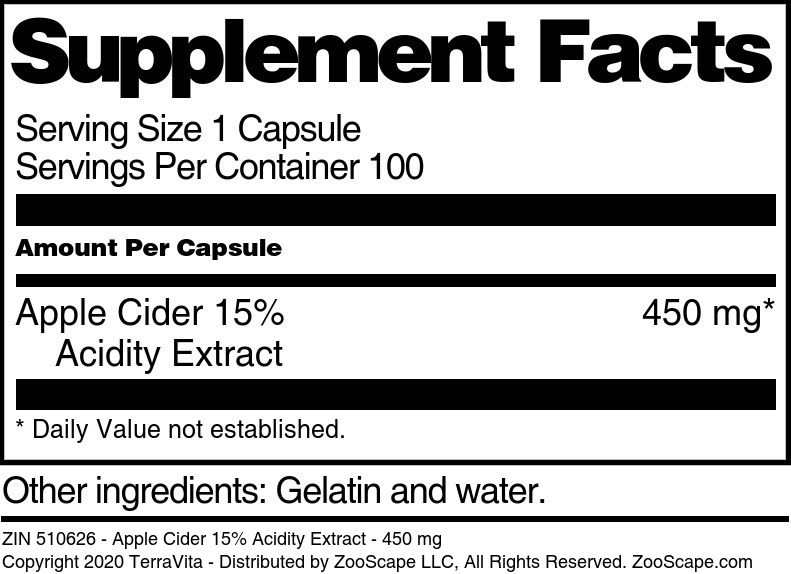 Apple Cider 15% Acidity Extract - 450 mg - Supplement / Nutrition Facts