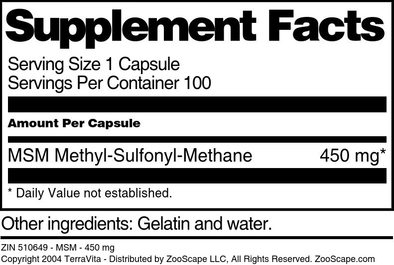 MSM - 450 mg - Supplement / Nutrition Facts