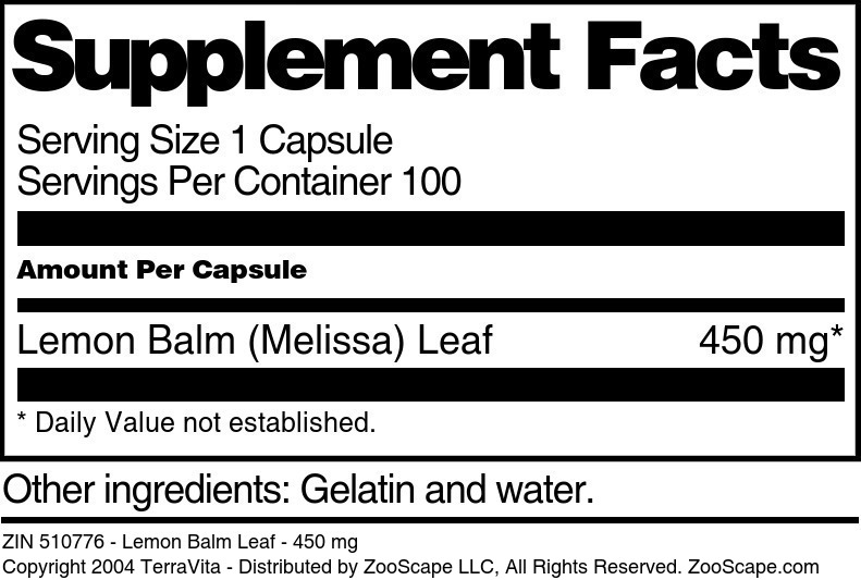 Lemon Balm Leaf - 450 mg - Supplement / Nutrition Facts