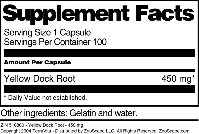 Yellow Dock Root - 450 mg - Supplement / Nutrition Facts