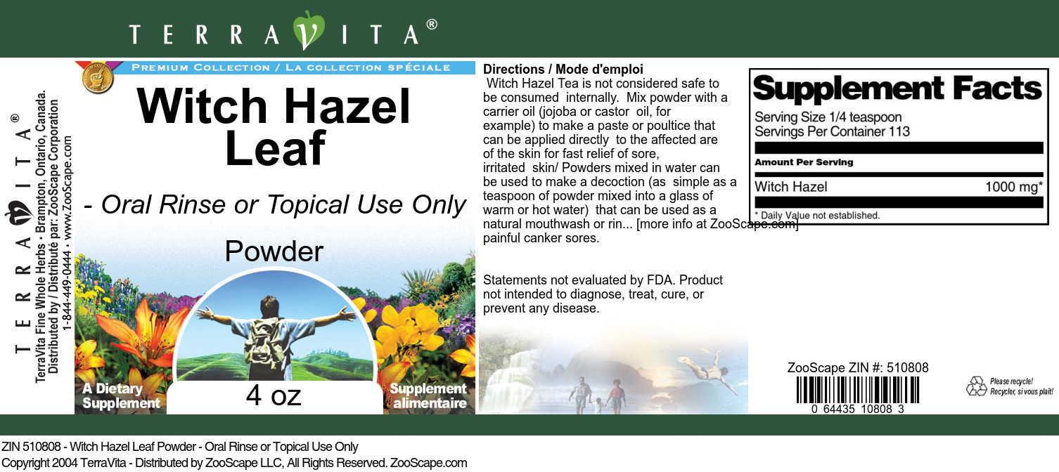 Witch Hazel Leaf Powder - Oral Rinse or Topical Use Only - Label