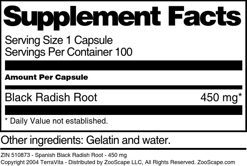 Spanish Black Radish Root - 450 mg - Supplement / Nutrition Facts