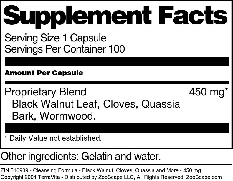 Cleansing Formula - Black Walnut, Cloves, Quassia and More - 450 mg - Supplement / Nutrition Facts