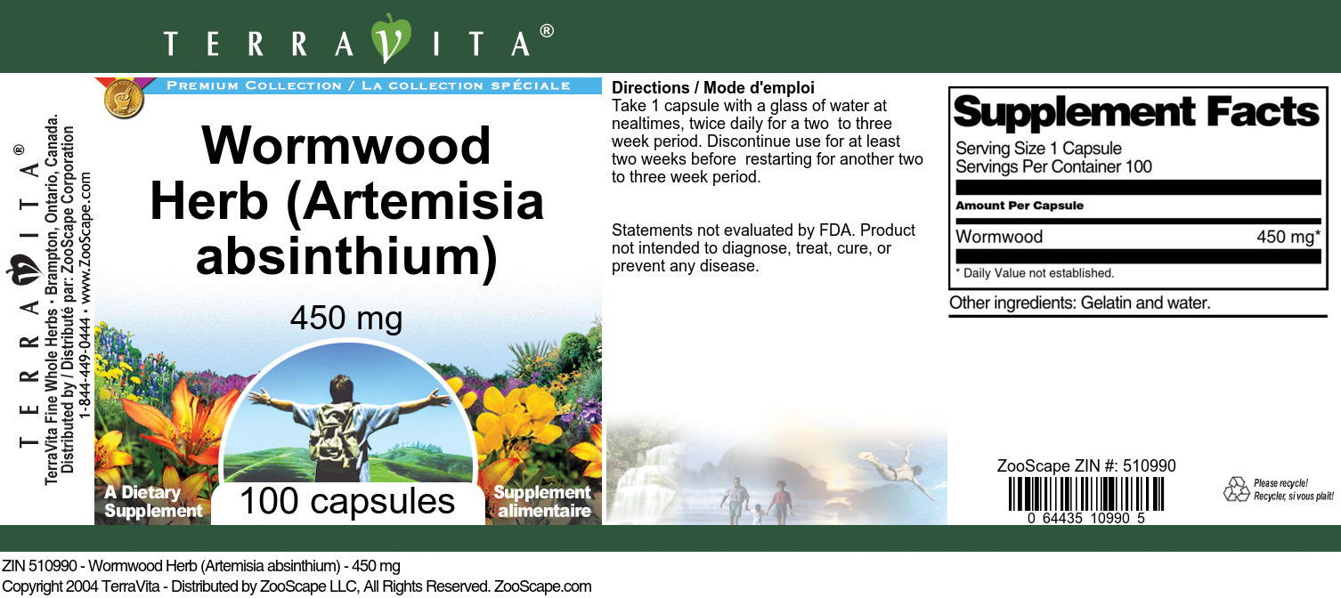 Wormwood Herb (Artemisia absinthium) - 450 mg - Label