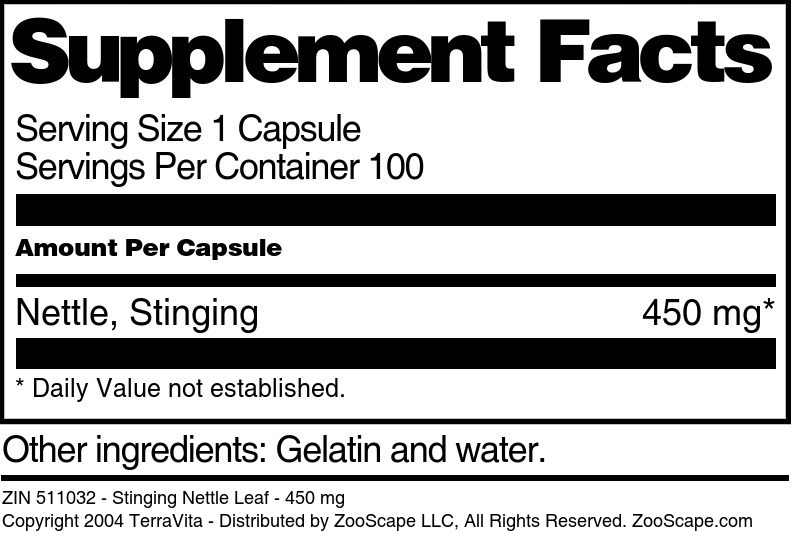 Stinging Nettle Leaf - 450 mg - Supplement / Nutrition Facts