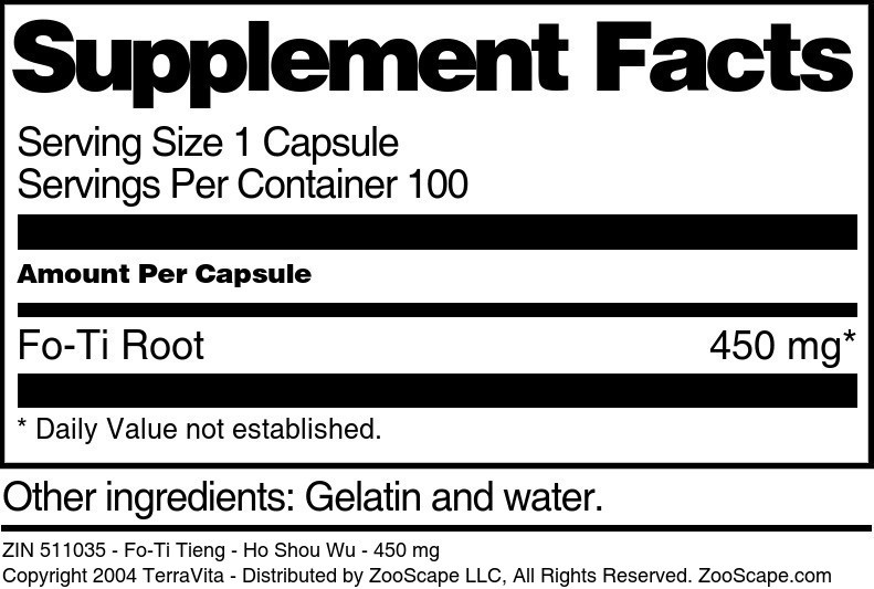 Fo-Ti Tieng - Ho Shou Wu - 450 mg - Supplement / Nutrition Facts