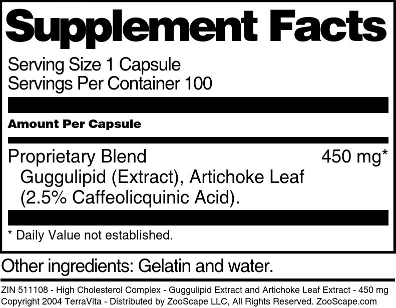 High Cholesterol Complex - Guggulipid Extract and Artichoke Leaf Extract - 450 mg - Supplement / Nutrition Facts