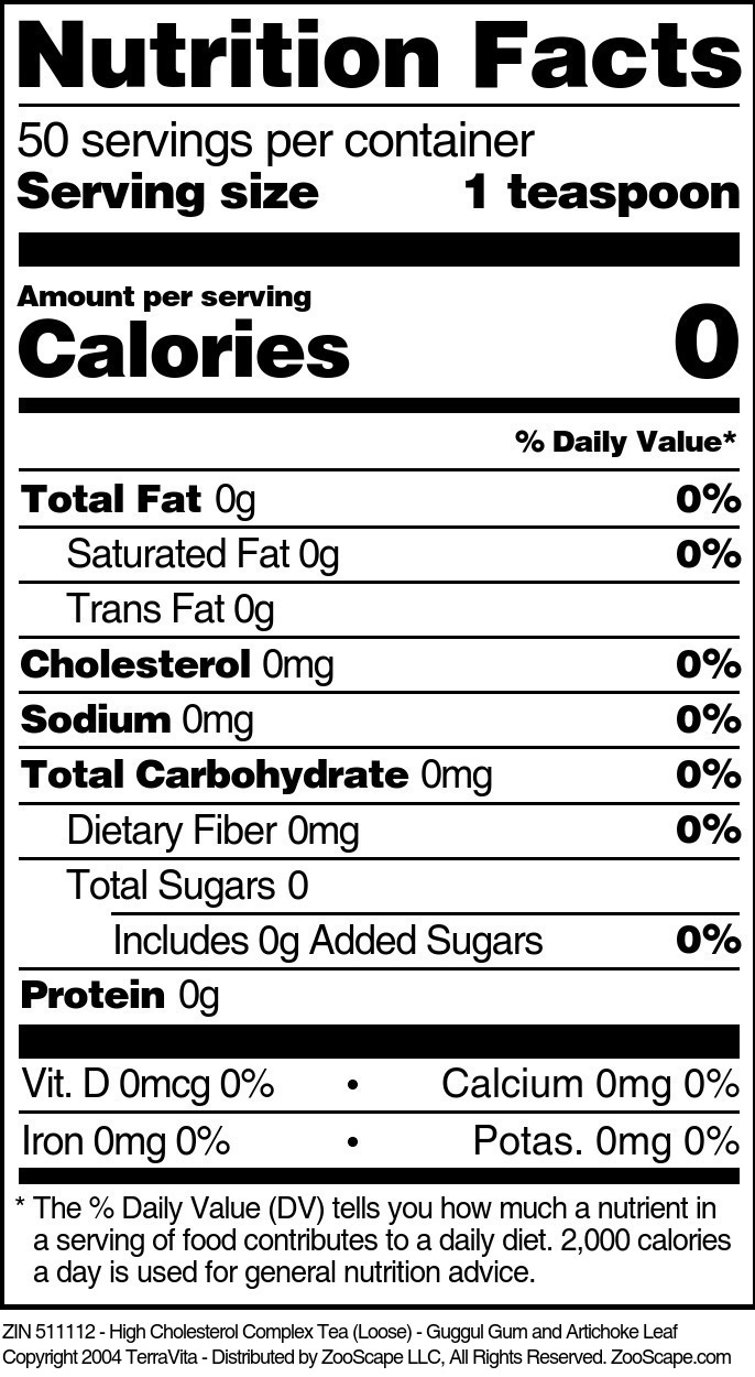 High Cholesterol Complex Tea (Loose) - Guggul Gum and Artichoke Leaf - Supplement / Nutrition Facts