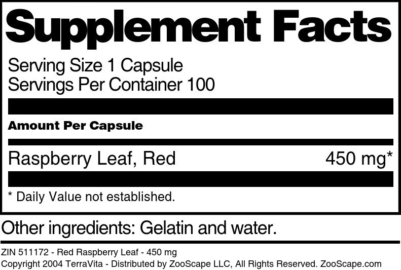 Red Raspberry Leaf - 450 mg - Supplement / Nutrition Facts