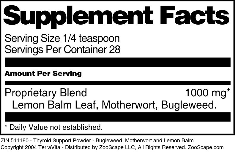Thyroid Support Powder - Bugleweed, Motherwort and Lemon Balm - Supplement / Nutrition Facts