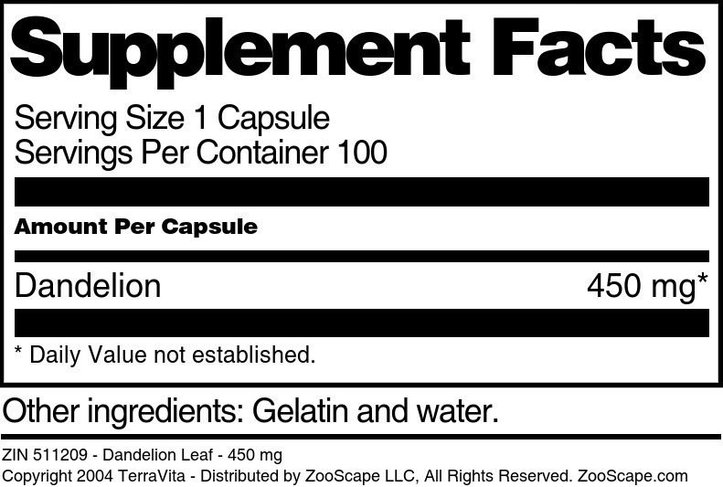 Dandelion Leaf - 450 mg - Supplement / Nutrition Facts