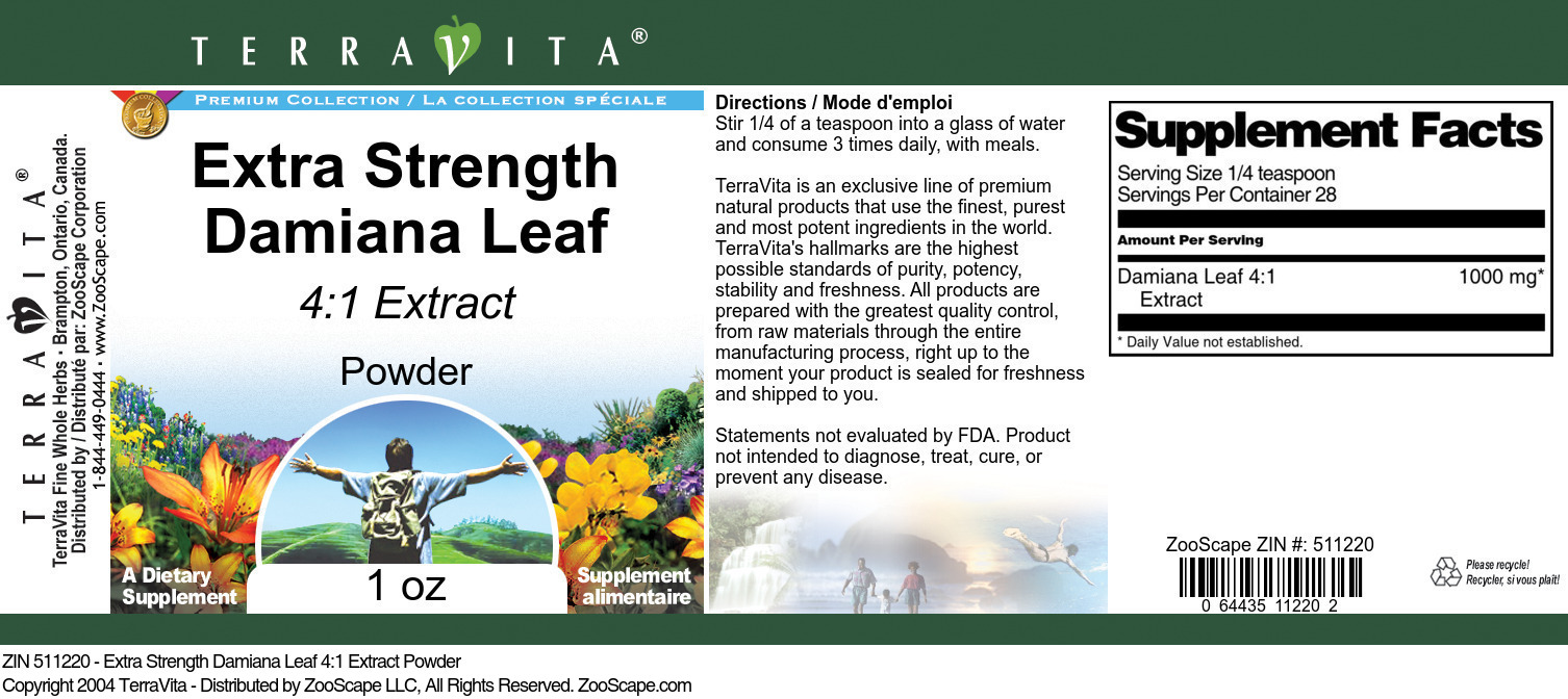 Extra Strength Damiana Leaf 4:1 Extract Powder - Label