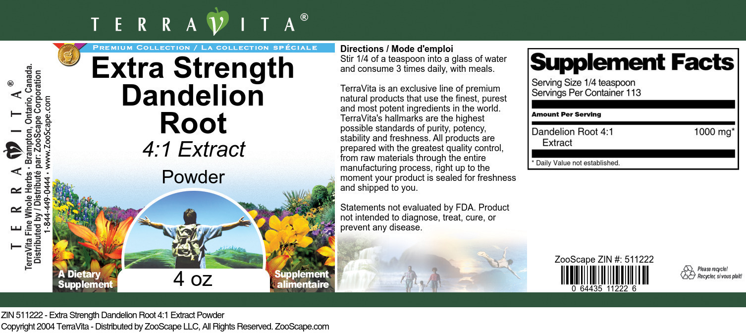 Extra Strength Dandelion Root 4:1 Extract Powder - Label