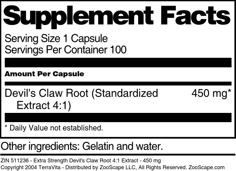 Extra Strength Devil's Claw Root 4:1 Extract - 450 mg - Supplement / Nutrition Facts