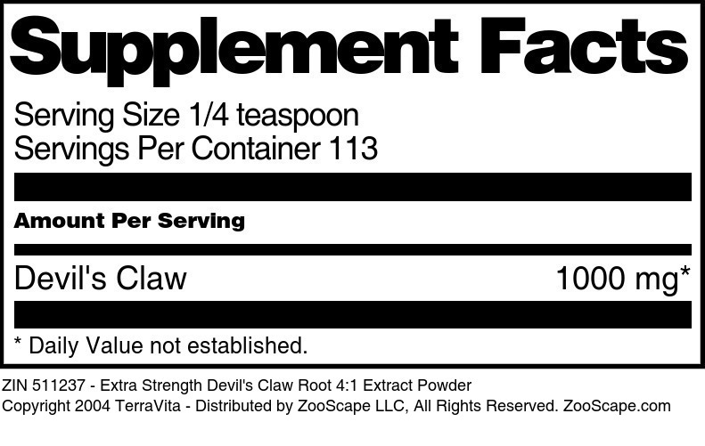 Extra Strength Devil's Claw Root 4:1 Extract Powder - Supplement / Nutrition Facts