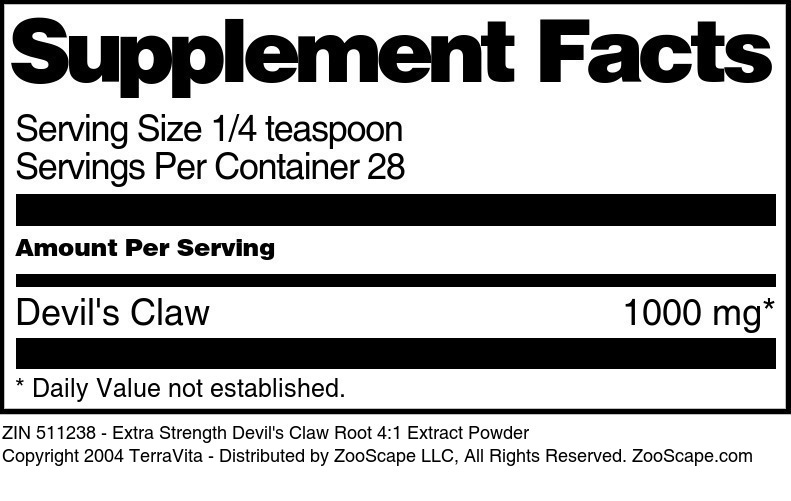 Extra Strength Devil's Claw Root 4:1 Extract Powder - Supplement / Nutrition Facts