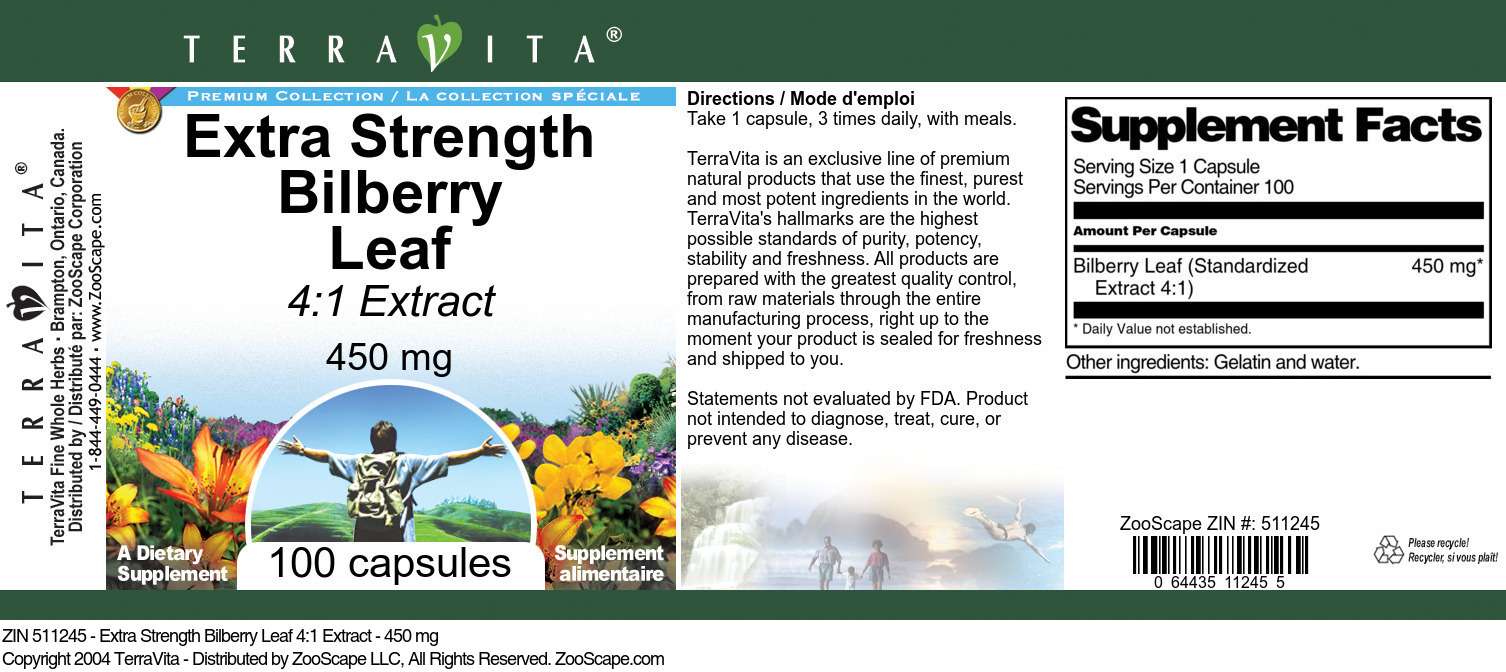 Extra Strength Bilberry Leaf 4:1 Extract - 450 mg - Label