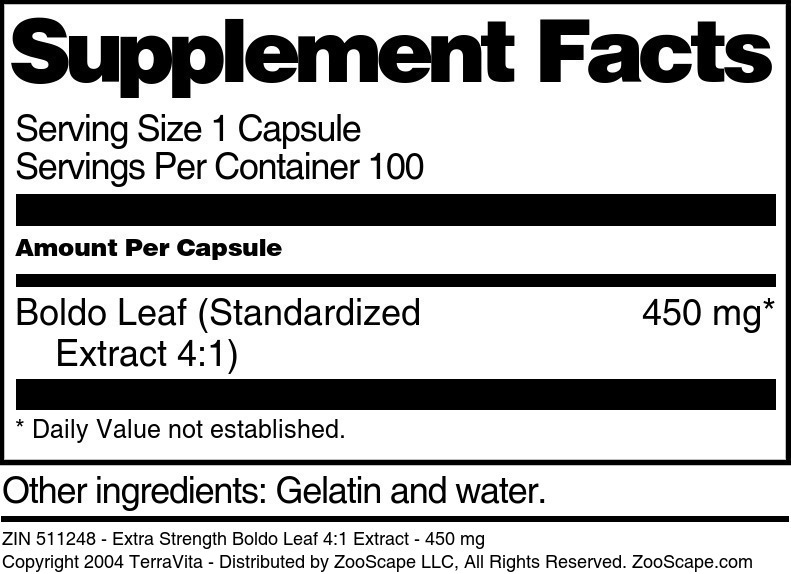 Extra Strength Boldo Leaf 4:1 Extract - 450 mg - Supplement / Nutrition Facts