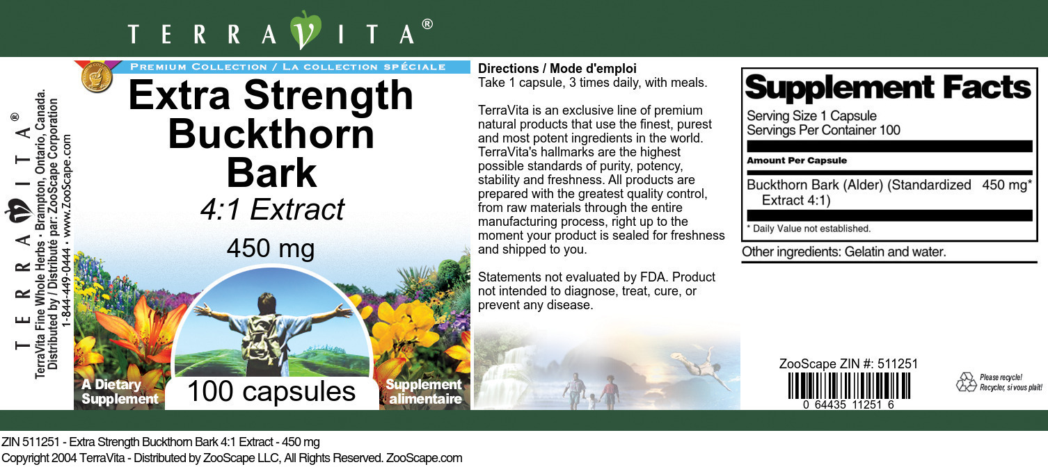 Extra Strength Buckthorn Bark 4:1 Extract - 450 mg - Label