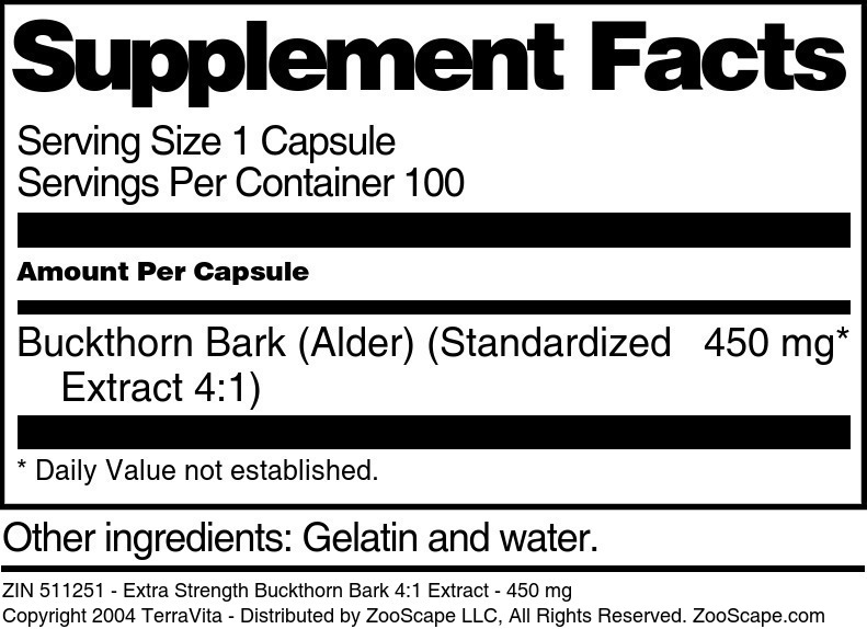 Extra Strength Buckthorn Bark 4:1 Extract - 450 mg - Supplement / Nutrition Facts