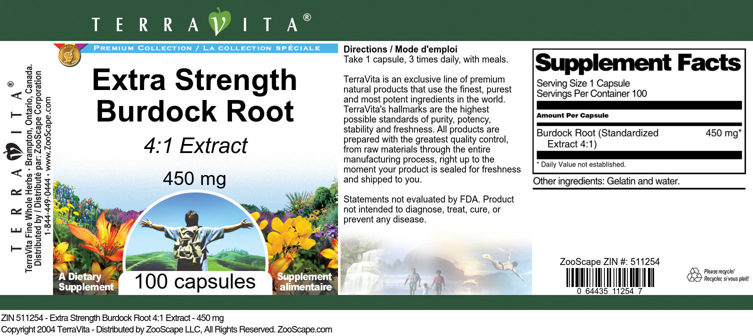 Extra Strength Burdock Root 4:1 Extract - 450 mg - Label