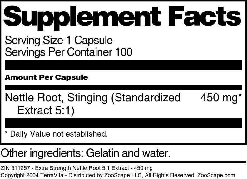 Extra Strength Nettle Root 5:1 Extract - 450 mg - Supplement / Nutrition Facts