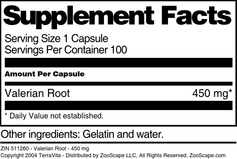 Valerian Root - 450 mg - Supplement / Nutrition Facts