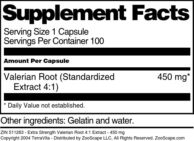 Extra Strength Valerian Root 4:1 Extract - 450 mg - Supplement / Nutrition Facts