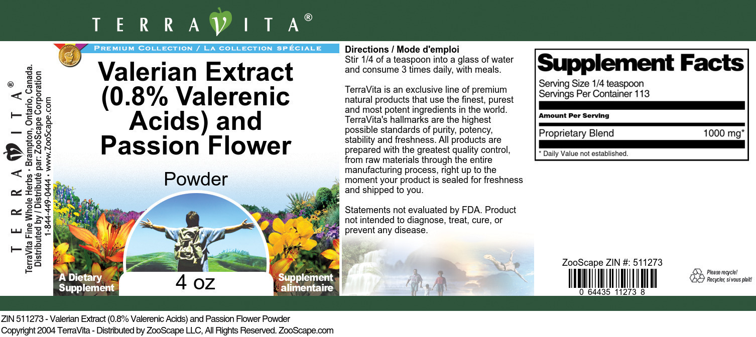 Valerian Extract (0.8% Valerenic Acids) and Passion Flower Powder - Label