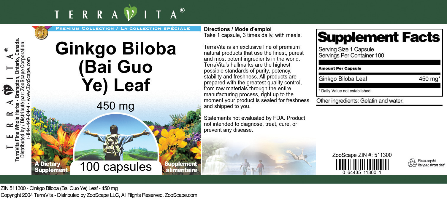 Ginkgo Biloba (Bai Guo Ye) Leaf - 450 mg - Label