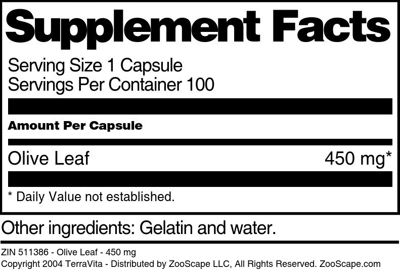 Olive Leaf - 450 mg - Supplement / Nutrition Facts