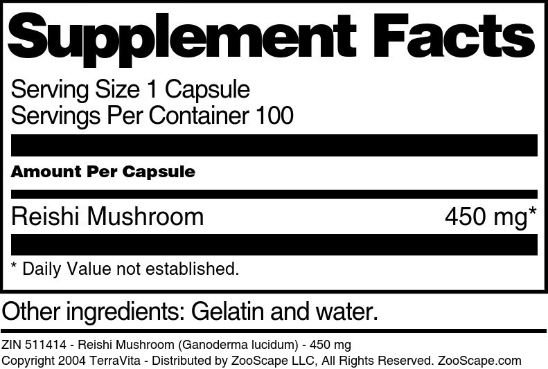 Reishi Mushroom (Ganoderma lucidum) - 450 mg - Supplement / Nutrition Facts