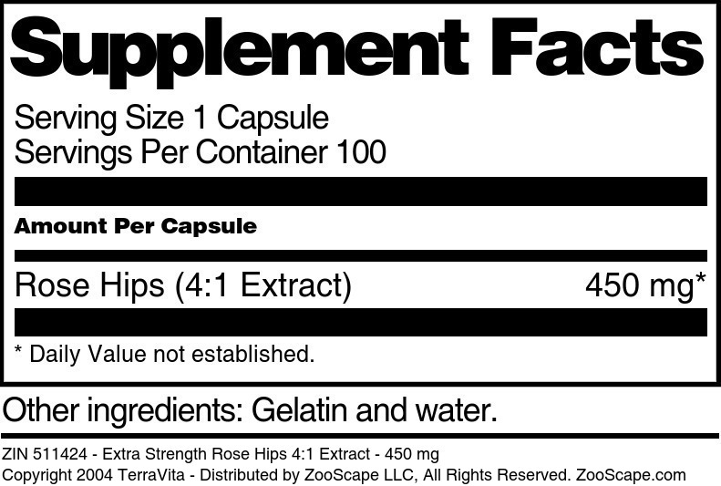 Extra Strength Rose Hips 4:1 Extract - 450 mg - Supplement / Nutrition Facts