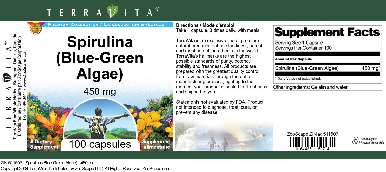 Spirulina (Blue-Green Algae) - 450 mg - Label