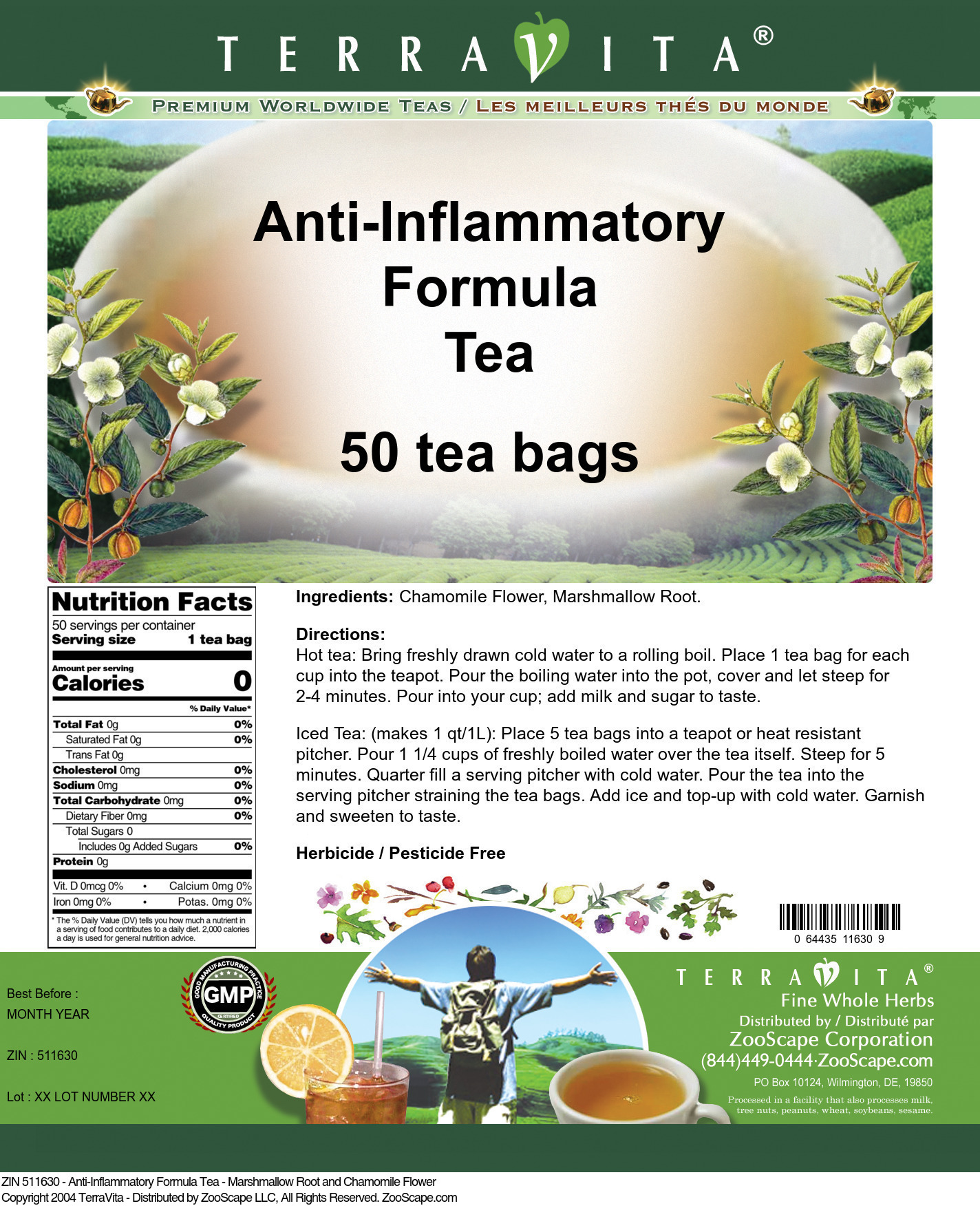 Anti-Inflammatory Formula Tea - Marshmallow Root and Chamomile Flower - Label