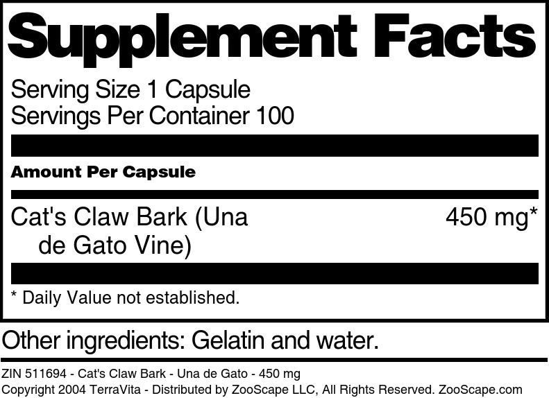 Cat's Claw Bark - Una de Gato - 450 mg - Supplement / Nutrition Facts