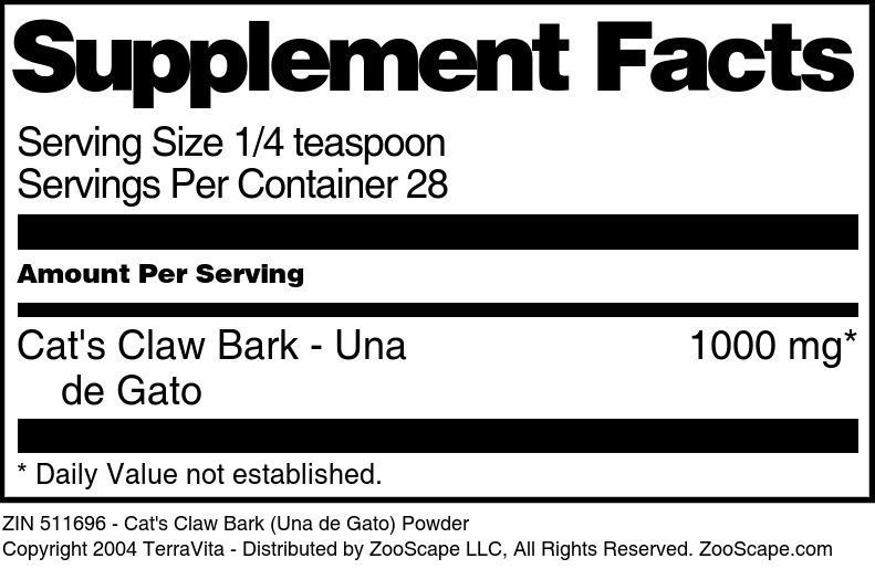 Cat's Claw Bark (Una de Gato) Powder - Supplement / Nutrition Facts