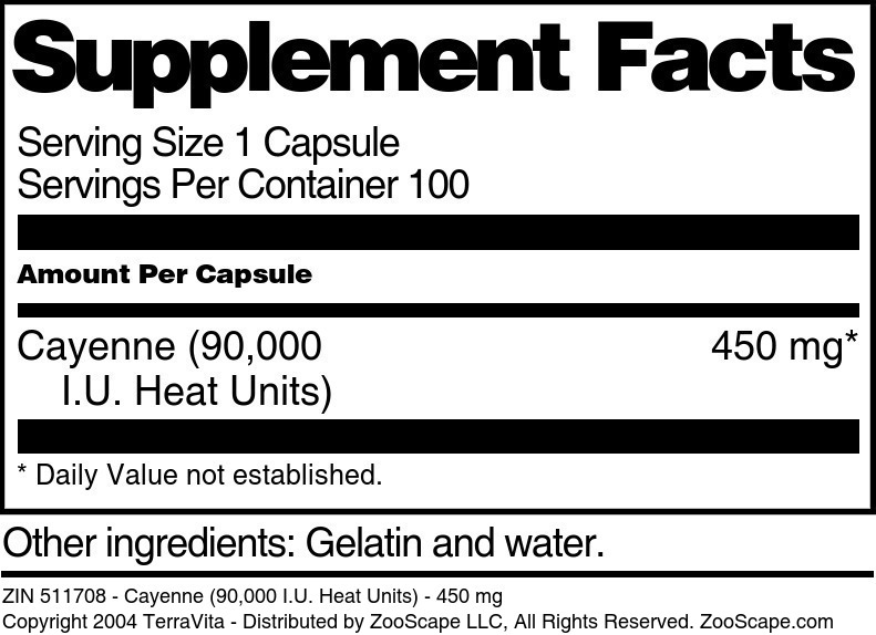 Cayenne (90,000 I.U. Heat Units) - 450 mg - Supplement / Nutrition Facts