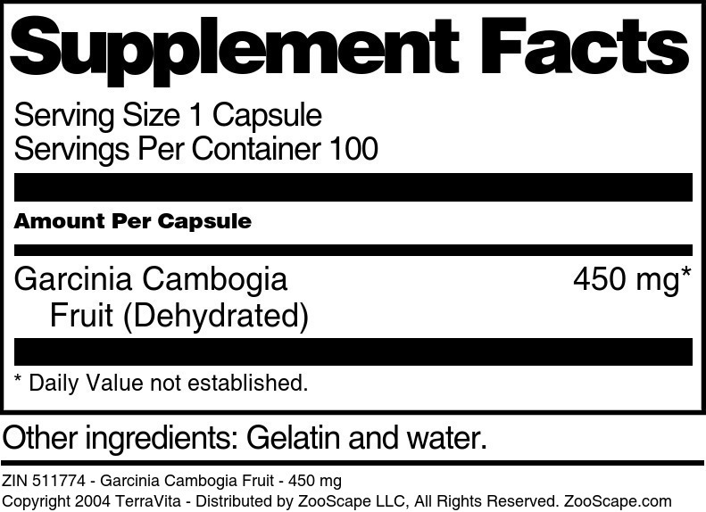 Garcinia Cambogia Fruit - 450 mg - Supplement / Nutrition Facts