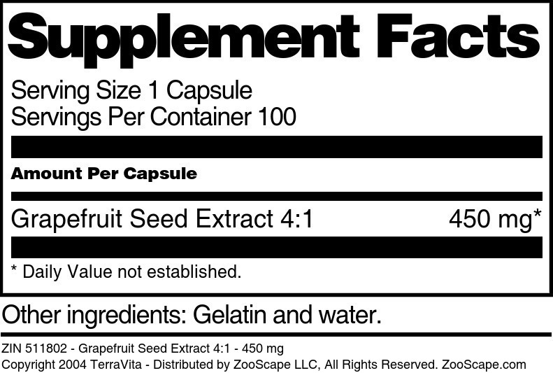 Grapefruit Seed Extract 4:1 - 450 mg - Supplement / Nutrition Facts