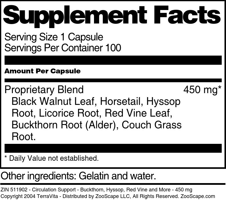 Circulation Support - Buckthorn, Hyssop, Red Vine and More - 450 mg - Supplement / Nutrition Facts