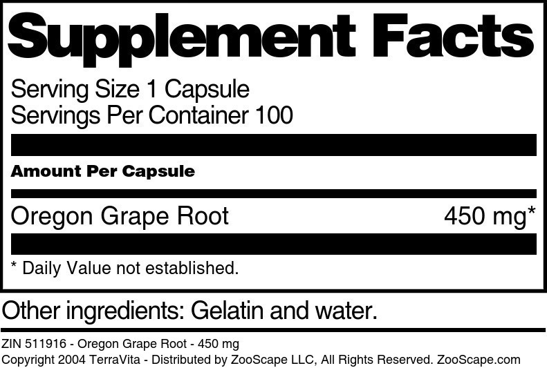 Oregon Grape Root - 450 mg - Supplement / Nutrition Facts