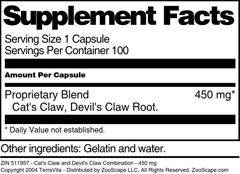Cat's Claw and Devil's Claw Combination - 450 mg - Supplement / Nutrition Facts